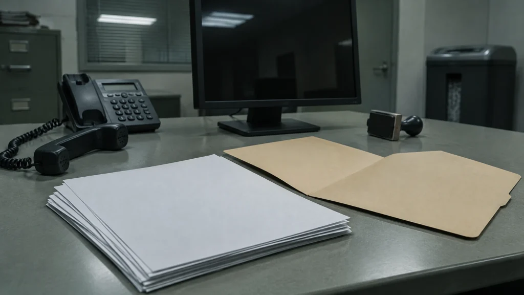 Pile de photocopies retournées et chemise ouverte sur un bureau, près d'un combiné téléphonique décroché.