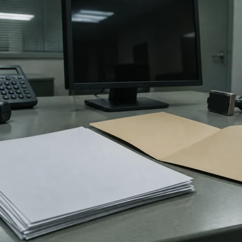 Pile de photocopies retournées et chemise ouverte sur un bureau, près d'un combiné téléphonique décroché.