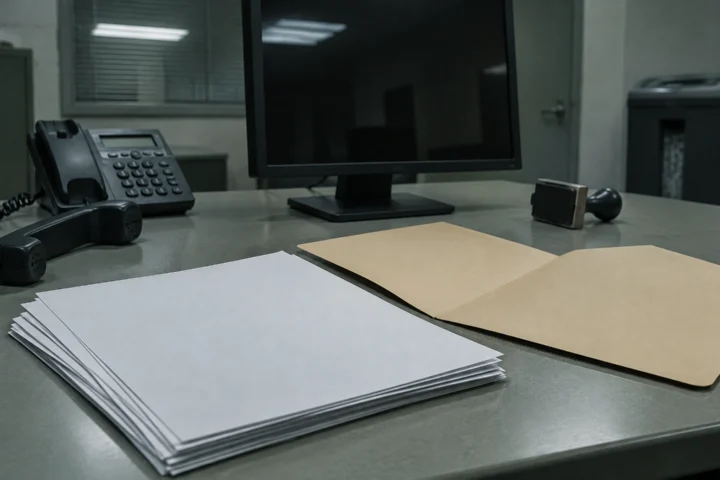 Pile de photocopies retournées et chemise ouverte sur un bureau, près d'un combiné téléphonique décroché.