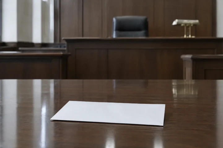 Enveloppe blanche posée sur la table des parties d'une salle d'audience vide