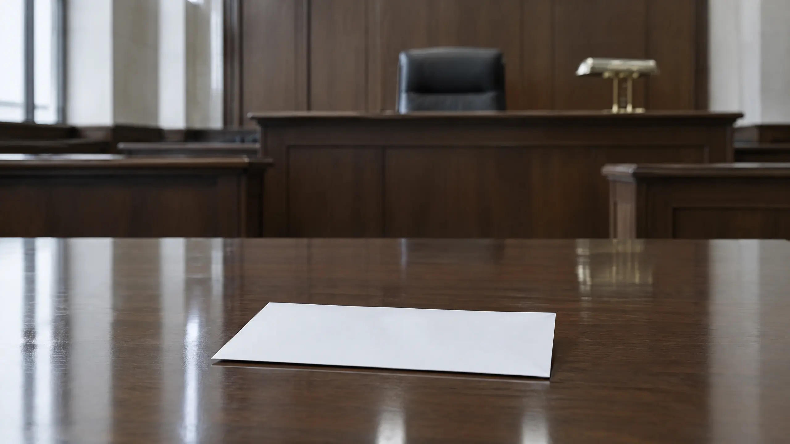 Enveloppe blanche posée sur la table des parties d'une salle d'audience vide