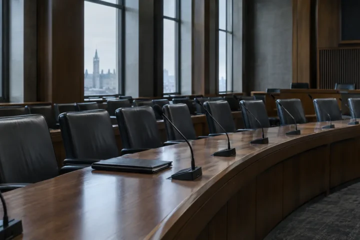 Salle de comité parlementaire déserte, dossier fermé posé devant un siège vide