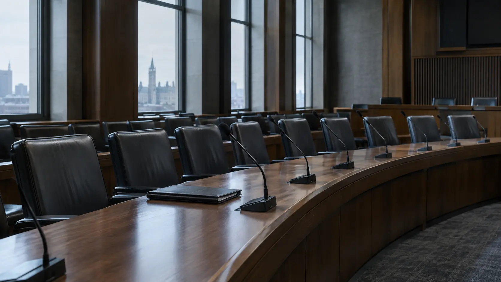 Salle de comité parlementaire déserte, dossier fermé posé devant un siège vide