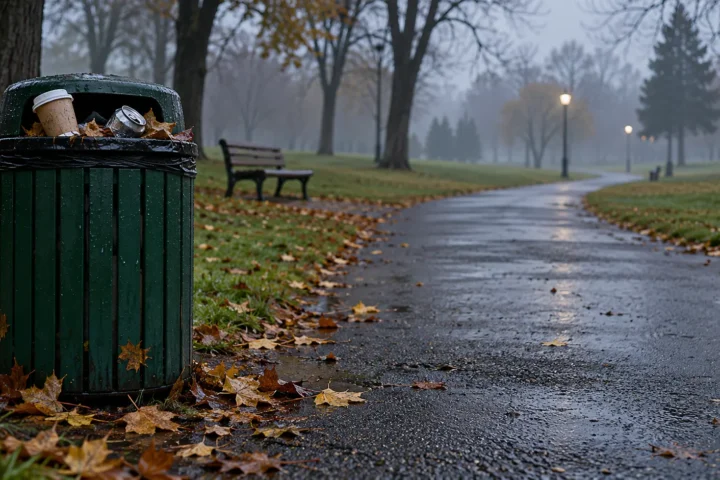 Sentier de parc urbain désert à l'aube, poubelle municipale remplie à ras bord