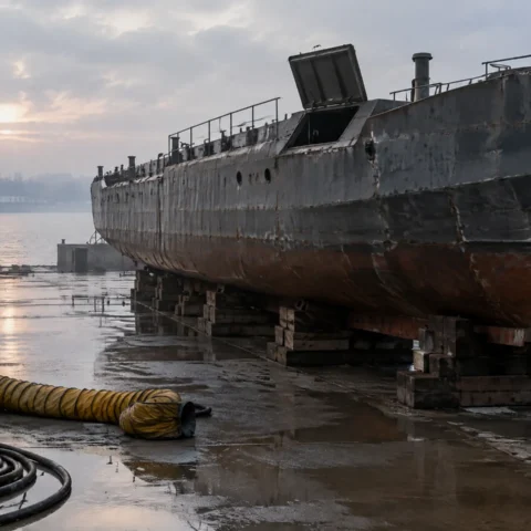 Coque de bateau sur bers dans une cale sèche, écoutille ouverte à l'aube