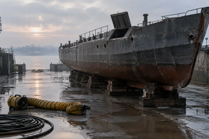 Coque de bateau sur bers dans une cale sèche, écoutille ouverte à l'aube