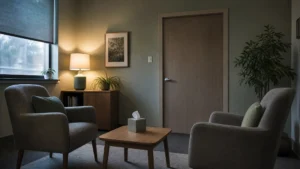 Deux fauteuils vis-à-vis dans un bureau de consultation vide, porte fermée
