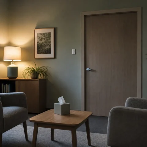 Deux fauteuils vis-à-vis dans un bureau de consultation vide, porte fermée