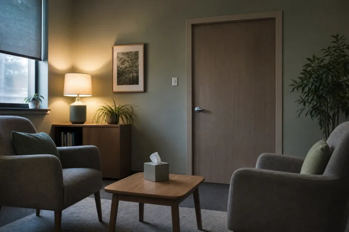 Deux fauteuils vis-à-vis dans un bureau de consultation vide, porte fermée