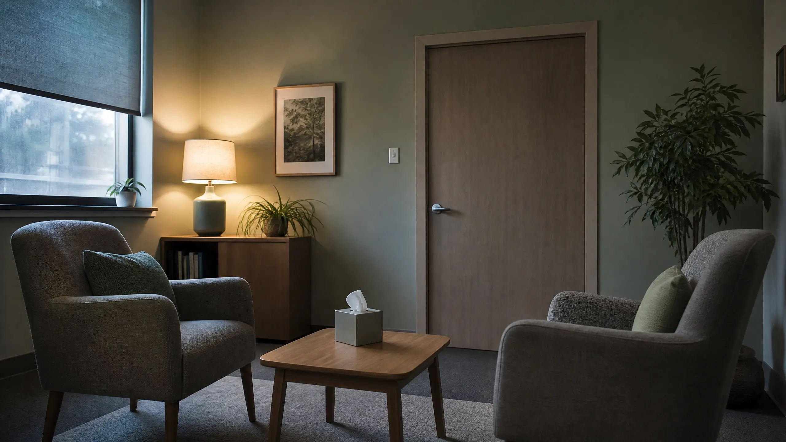 Deux fauteuils vis-à-vis dans un bureau de consultation vide, porte fermée