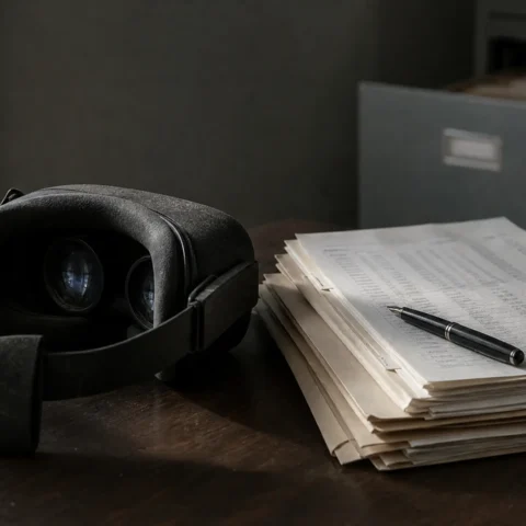 Casque de réalité virtuelle éteint posé près d'une pile de documents judiciaires sur un bureau de bois sombre.