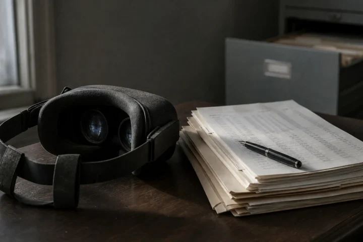 Casque de réalité virtuelle éteint posé près d'une pile de documents judiciaires sur un bureau de bois sombre.