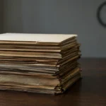 Pile de chemises judiciaires jaunies surmontée d'une chemise neuve sur une table sombre