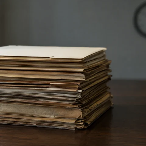 Pile de chemises judiciaires jaunies surmontée d'une chemise neuve sur une table sombre
