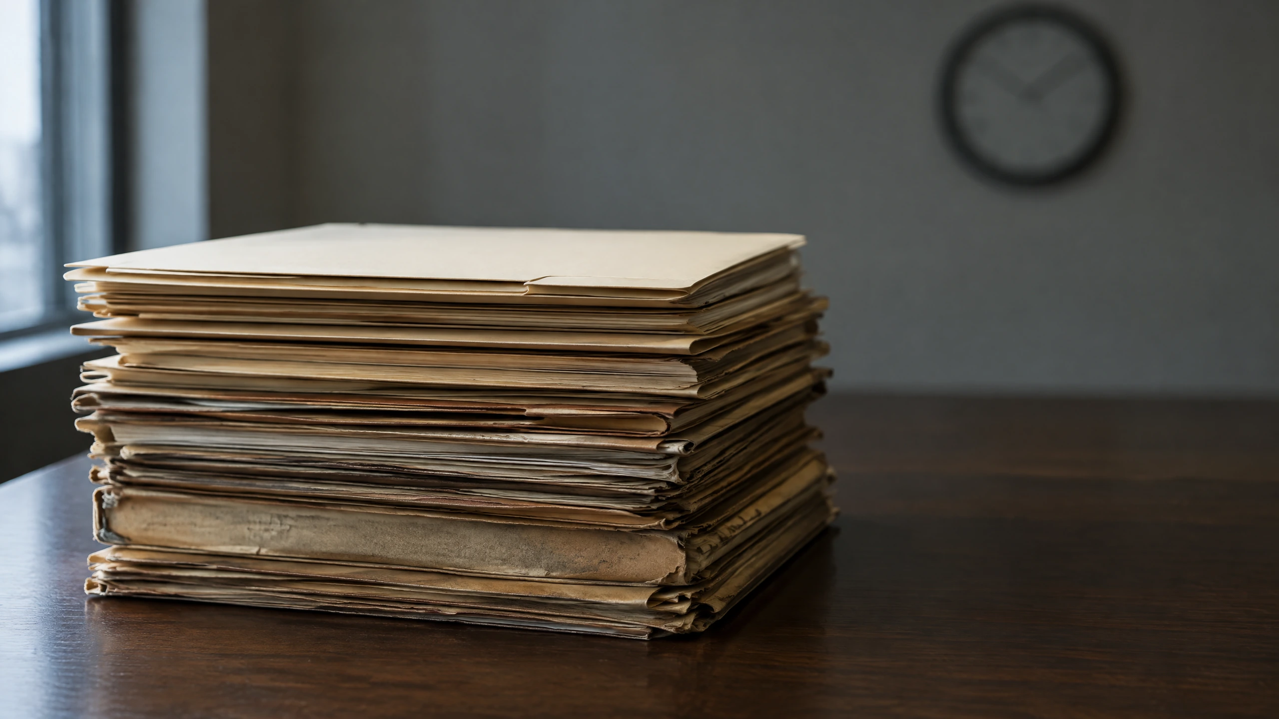 Pile de chemises judiciaires jaunies surmontée d'une chemise neuve sur une table sombre