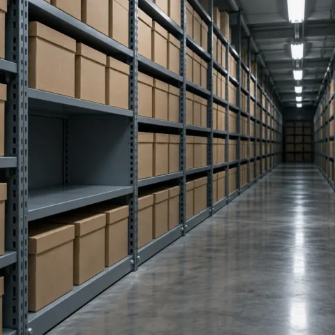 Allée d'archives aux boîtes identiques alignées sur des tablettes métalliques, une section vide au milieu