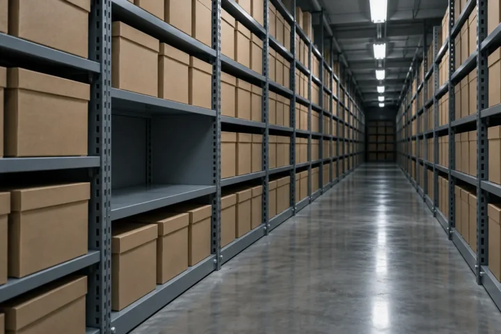 Allée d'archives aux boîtes identiques alignées sur des tablettes métalliques, une section vide au milieu