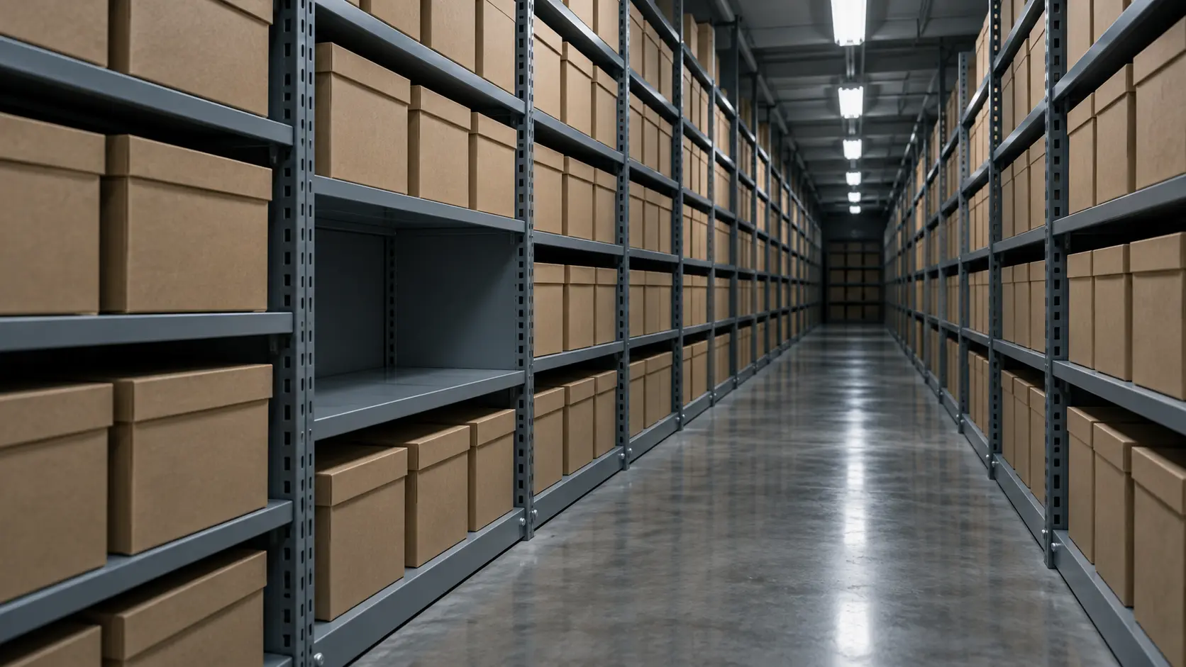 Allée d'archives aux boîtes identiques alignées sur des tablettes métalliques, une section vide au milieu
