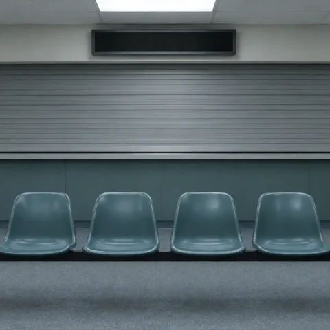Salle d'attente déserte d'un bureau d'immigration : chaises vides devant un guichet fermé par un rideau métallique.