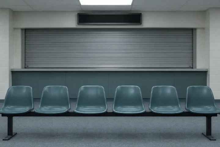 Salle d'attente déserte d'un bureau d'immigration : chaises vides devant un guichet fermé par un rideau métallique.