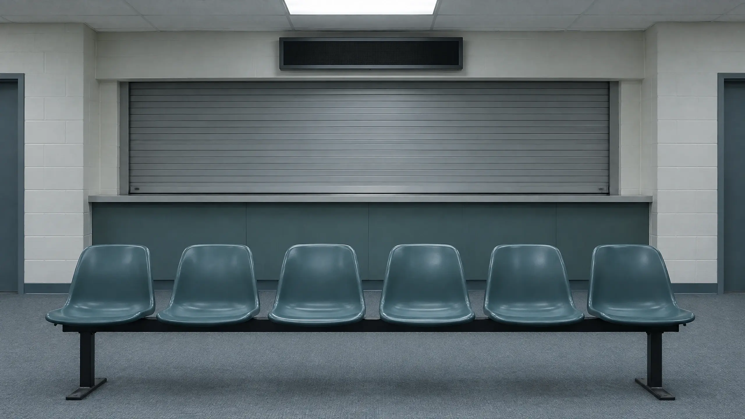 Salle d'attente déserte d'un bureau d'immigration : chaises vides devant un guichet fermé par un rideau métallique.
