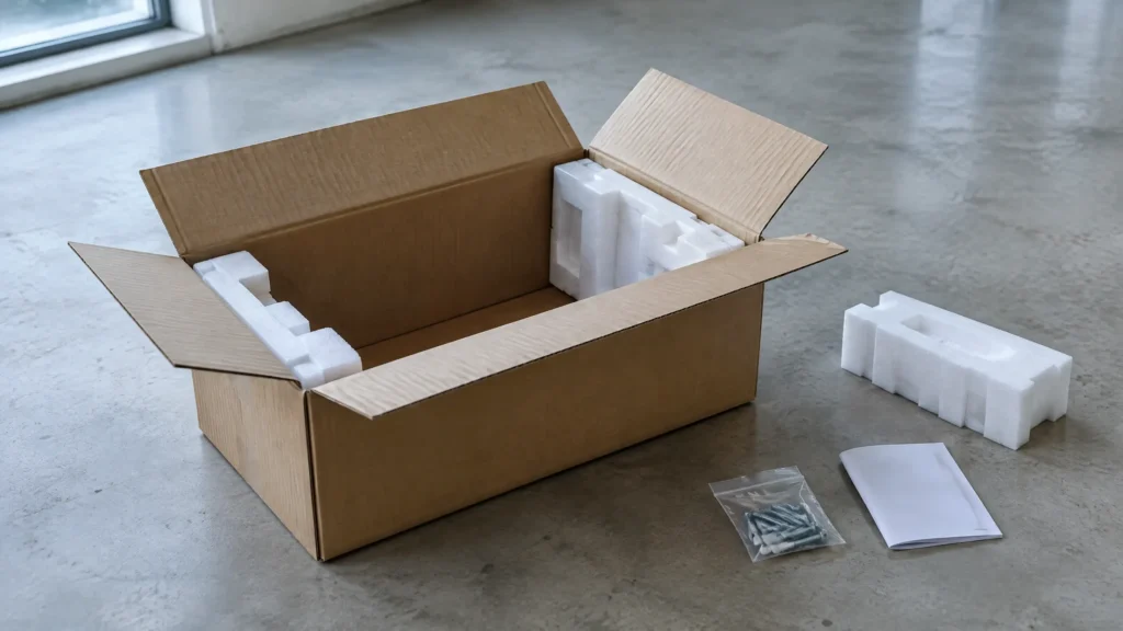 Carton d'électroménager ouvert et vide, avec sachet de vis et livret plié posés à côté