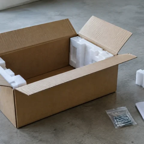Carton d'électroménager ouvert et vide, avec sachet de vis et livret plié posés à côté