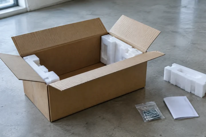 Carton d'électroménager ouvert et vide, avec sachet de vis et livret plié posés à côté