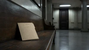 Dossier cartonné abandonné sur un banc de couloir de palais de justice vide
