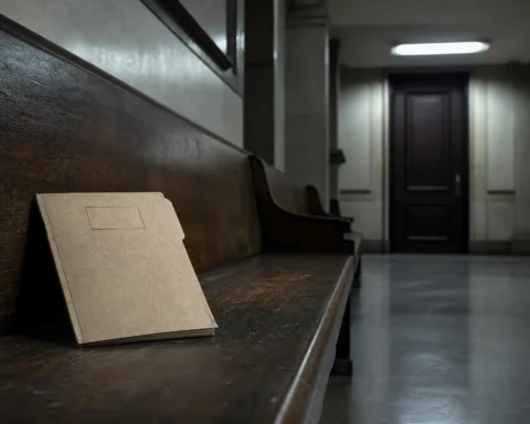 Dossier cartonné abandonné sur un banc de couloir de palais de justice vide