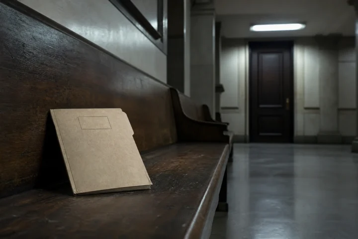Dossier cartonné abandonné sur un banc de couloir de palais de justice vide