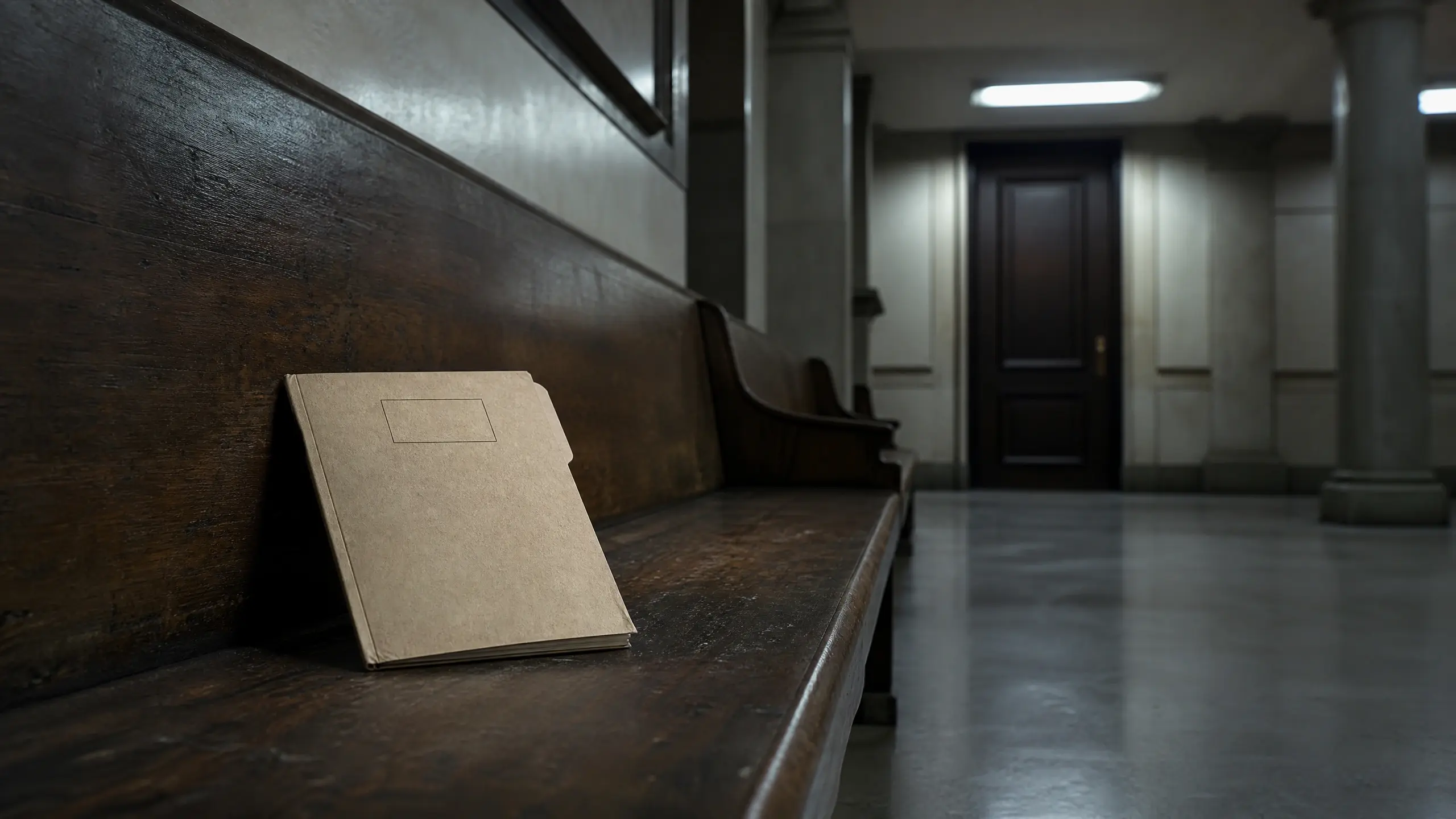 Dossier cartonné abandonné sur un banc de couloir de palais de justice vide