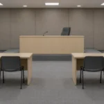 Salle d'audience vide d'un tribunal du travail, avec deux tables de parties inoccupées se faisant face devant un banc désert.