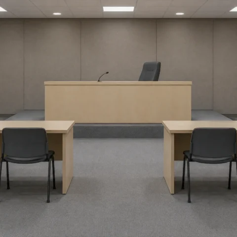 Salle d'audience vide d'un tribunal du travail, avec deux tables de parties inoccupées se faisant face devant un banc désert.