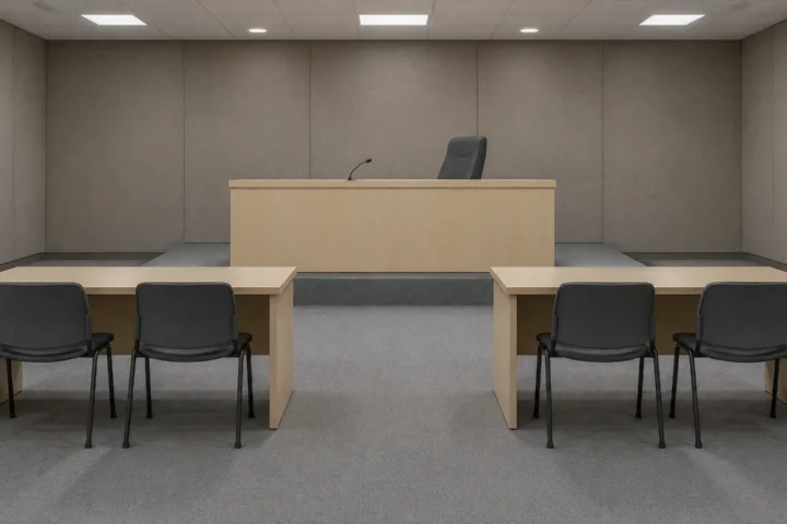 Salle d'audience vide d'un tribunal du travail, avec deux tables de parties inoccupées se faisant face devant un banc désert.
