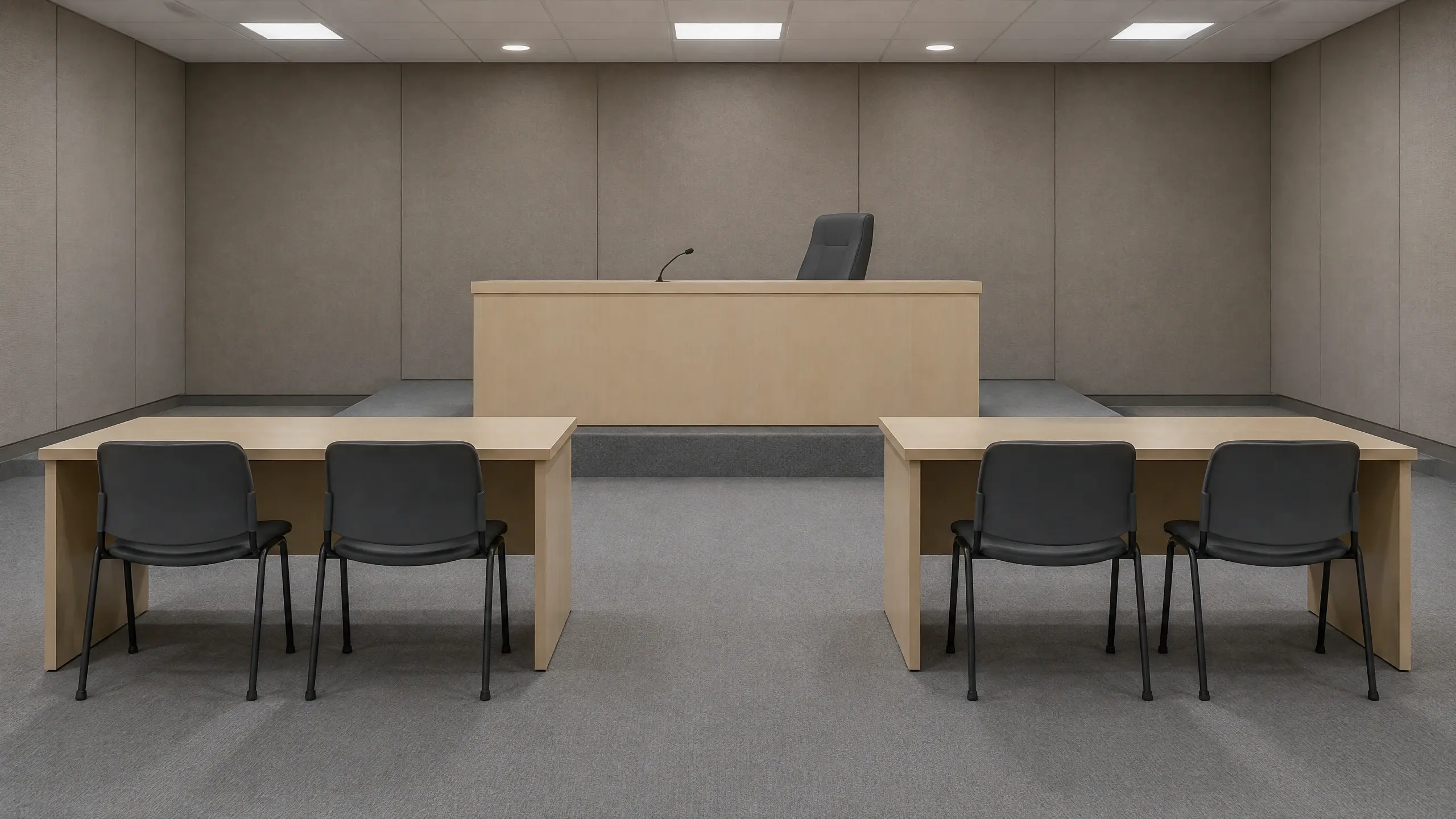 Salle d'audience vide d'un tribunal du travail, avec deux tables de parties inoccupées se faisant face devant un banc désert.