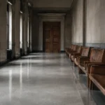Couloir de palais de justice désert avec bancs d'attente vides