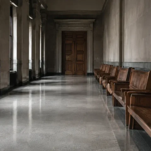 Couloir de palais de justice désert avec bancs d'attente vides