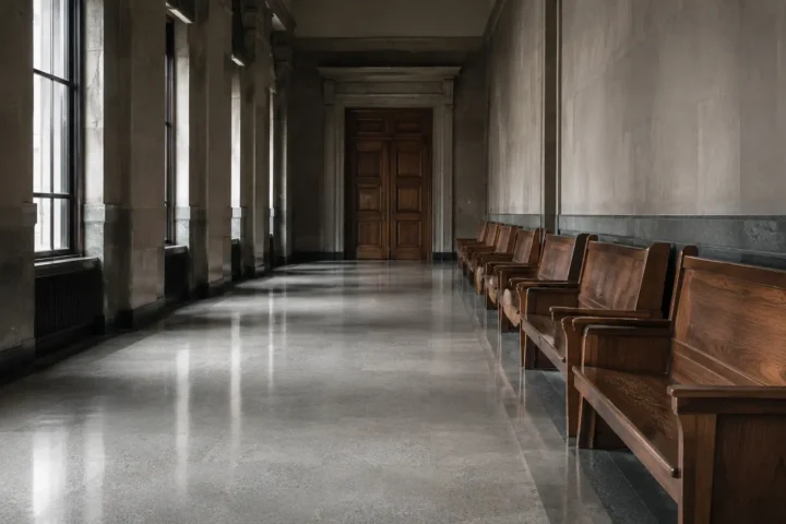 Couloir de palais de justice désert avec bancs d'attente vides