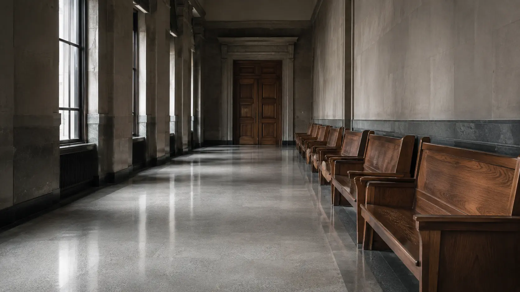 Couloir de palais de justice désert avec bancs d'attente vides