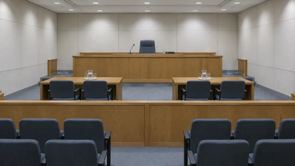 Salle d'audience déserte d'un tribunal administratif : estrade de bois avec un siège unique, micro, et deux tables de procureurs vides face au banc.