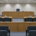 Salle d'audience déserte d'un tribunal administratif : estrade de bois avec un siège unique, micro, et deux tables de procureurs vides face au banc.