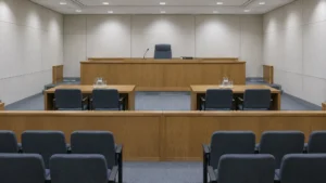 Salle d'audience déserte d'un tribunal administratif : estrade de bois avec un siège unique, micro, et deux tables de procureurs vides face au banc.