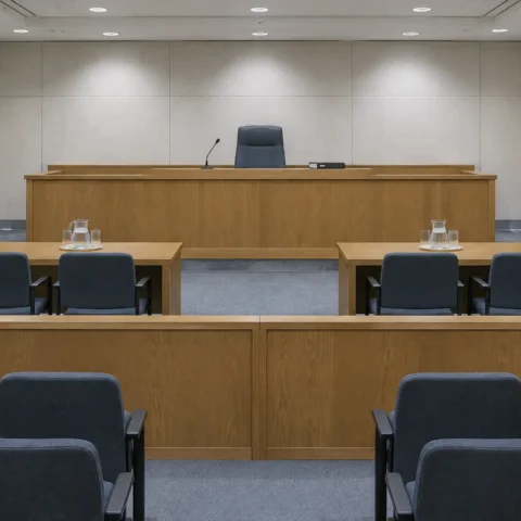 Salle d'audience déserte d'un tribunal administratif : estrade de bois avec un siège unique, micro, et deux tables de procureurs vides face au banc.