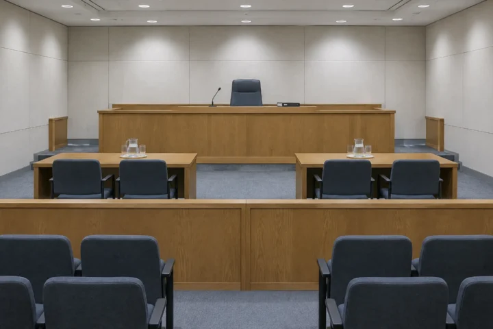 Salle d'audience déserte d'un tribunal administratif : estrade de bois avec un siège unique, micro, et deux tables de procureurs vides face au banc.