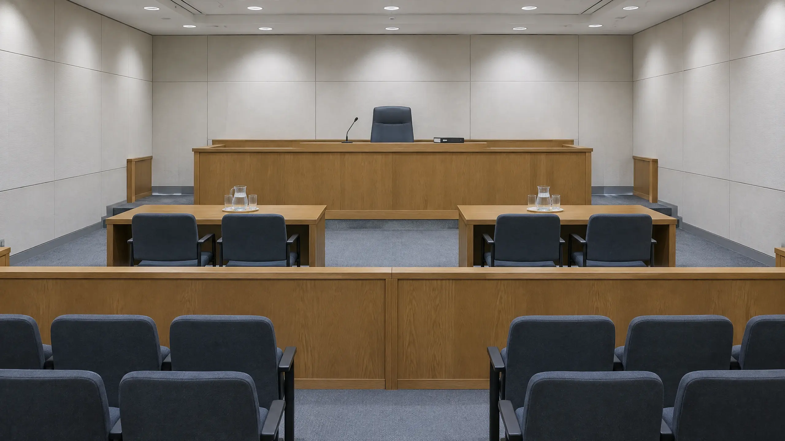 Salle d'audience déserte d'un tribunal administratif : estrade de bois avec un siège unique, micro, et deux tables de procureurs vides face au banc.