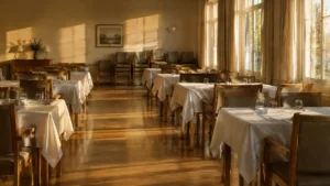 Salle à manger de résidence vide, tables dressées, lumière du matin