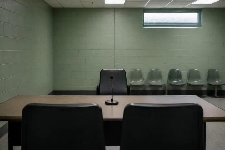 Salle d'audience vide d'un pénitencier vue des chaises d'observateurs