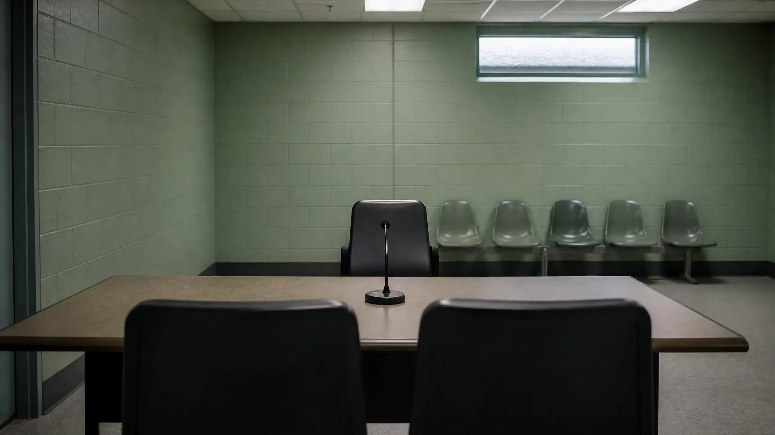 Salle d'audience vide d'un pénitencier vue des chaises d'observateurs