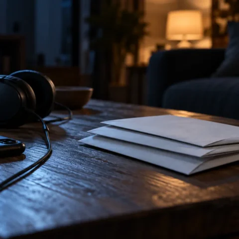 Trois avis empilés près d'un téléphone et d'écouteurs sur une table basse